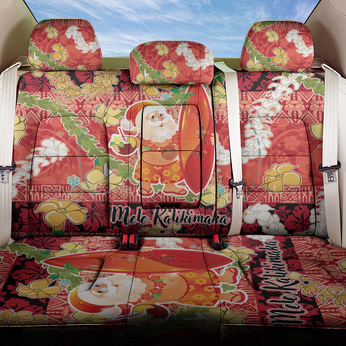 Hawaii Santa Mele Kalikimaka Back Car Seat Cover Tropical Puakenikeni Lei with Polynesian Tribal Pattern LT03 One Size Red - Polynesian Pride