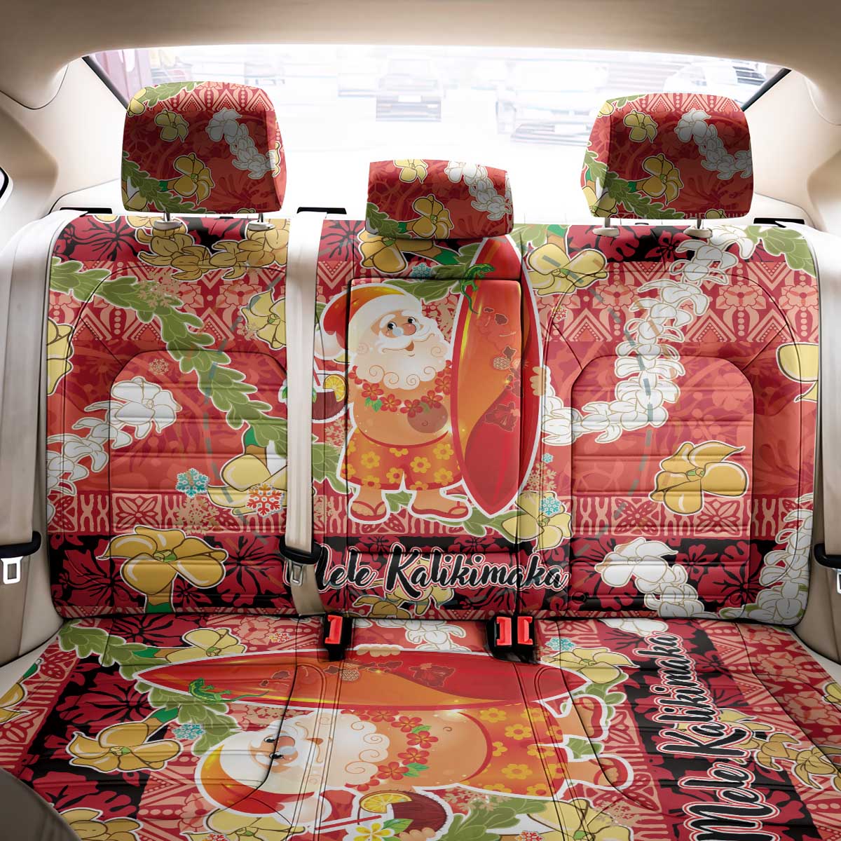 Hawaii Santa Mele Kalikimaka Back Car Seat Cover Tropical Puakenikeni Lei with Polynesian Tribal Pattern LT03 - Polynesian Pride