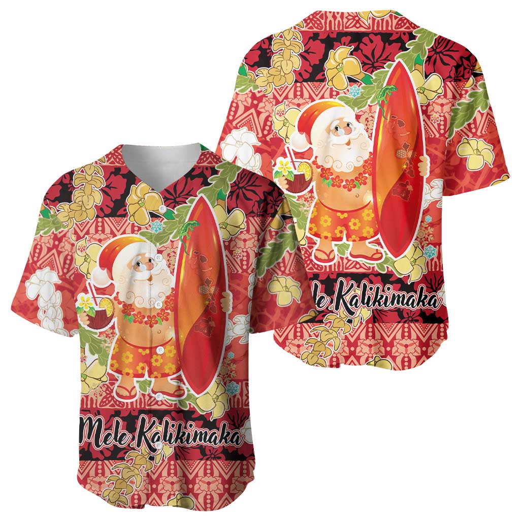 Hawaii Santa Mele Kalikimaka Baseball Jersey Tropical Puakenikeni Lei with Polynesian Tribal Pattern - Polynesian Pride