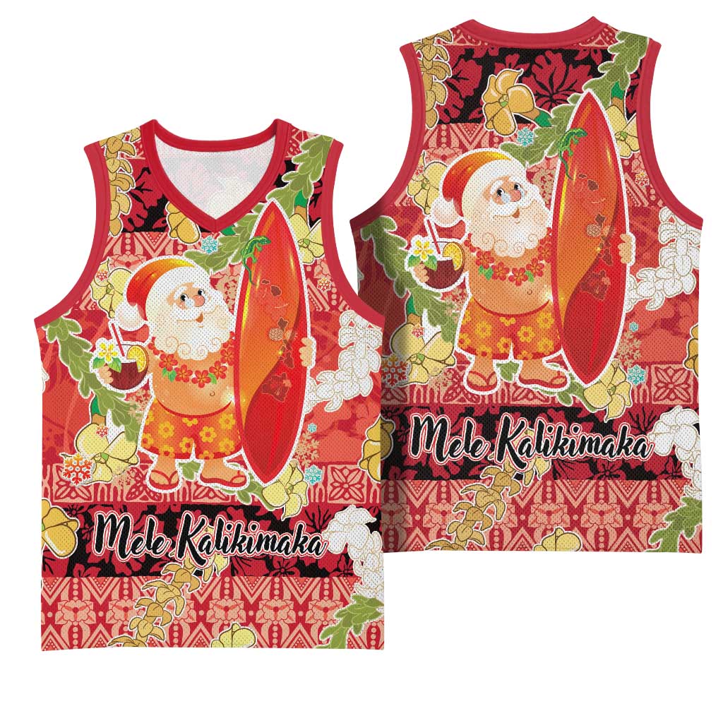 Hawaii Santa Mele Kalikimaka Basketball Jersey Tropical Puakenikeni Lei with Polynesian Tribal Pattern LT03 - Polynesian Pride