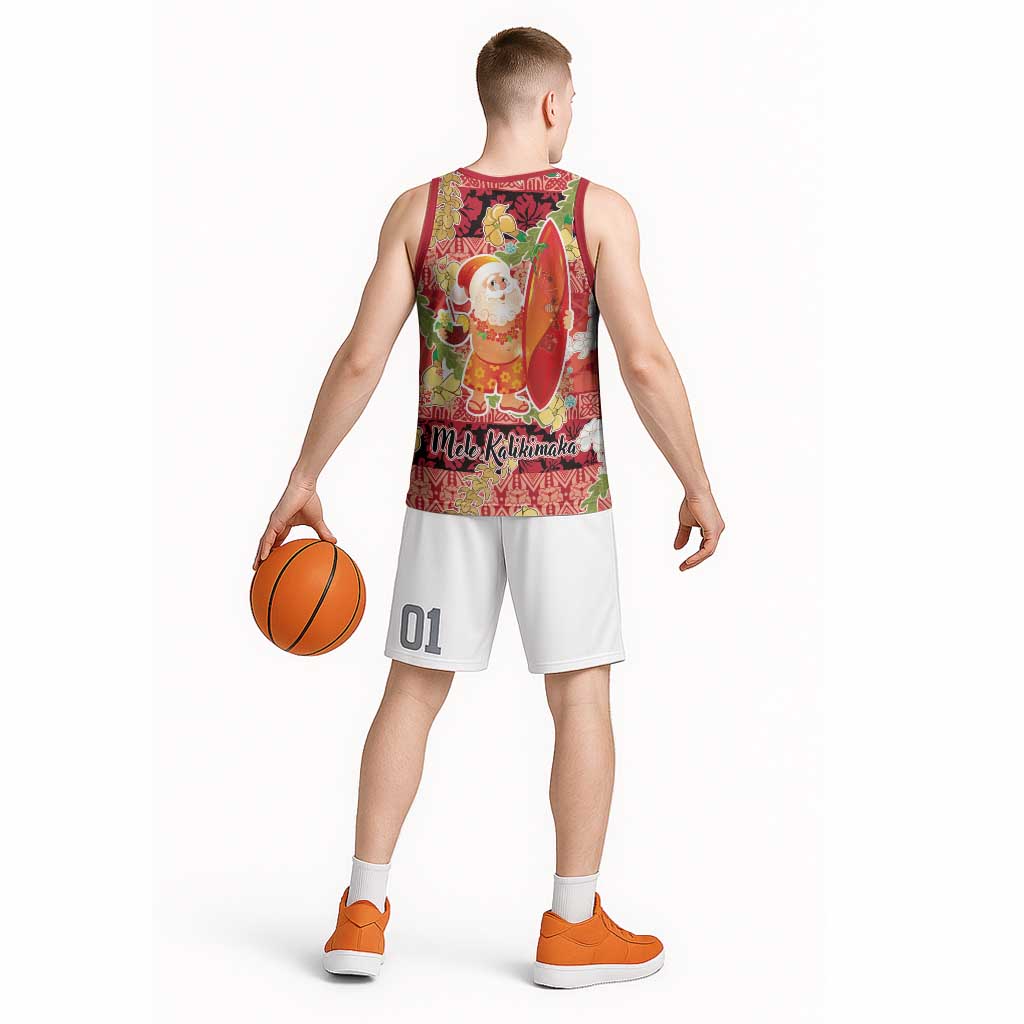 Hawaii Santa Mele Kalikimaka Basketball Jersey Tropical Puakenikeni Lei with Polynesian Tribal Pattern LT03 - Polynesian Pride