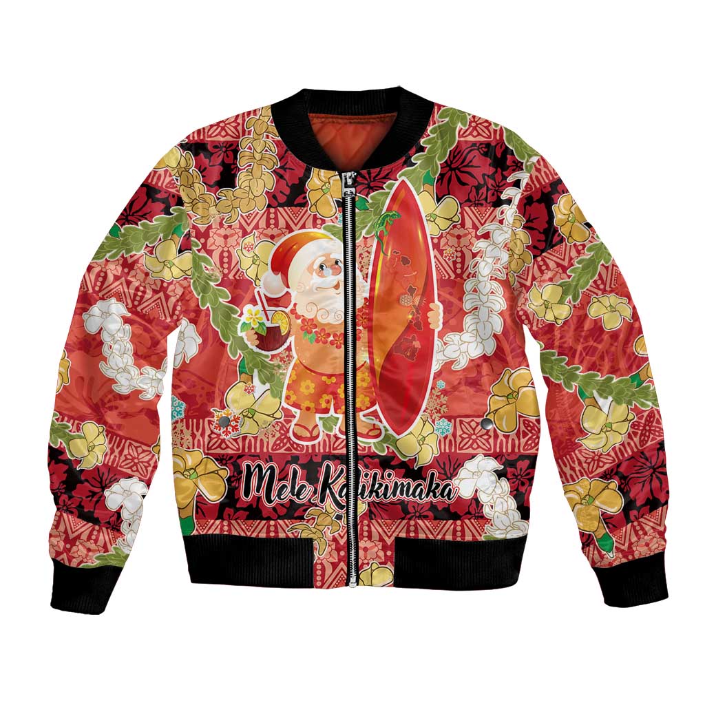 Hawaii Santa Mele Kalikimaka Bomber Jacket Tropical Puakenikeni Lei with Polynesian Tribal Pattern LT03 Unisex Red - Polynesian Pride
