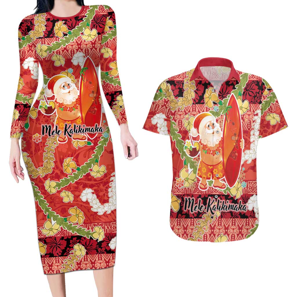 Hawaii Santa Mele Kalikimaka Couples Matching Long Sleeve Bodycon Dress and Hawaiian Shirt Tropical Puakenikeni Lei with Polynesian Tribal Pattern - Polynesian Pride