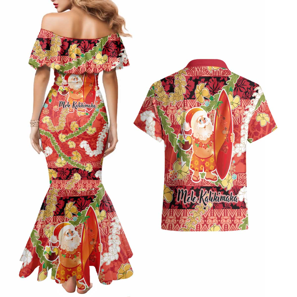 Hawaii Santa Mele Kalikimaka Couples Matching Mermaid Dress and Hawaiian Shirt Tropical Puakenikeni Lei with Polynesian Tribal Pattern LT03 - Polynesian Pride