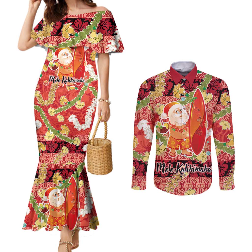 Hawaii Santa Mele Kalikimaka Couples Matching Mermaid Dress and Long Sleeve Button Shirt Tropical Puakenikeni Lei with Polynesian Tribal Pattern - Polynesian Pride