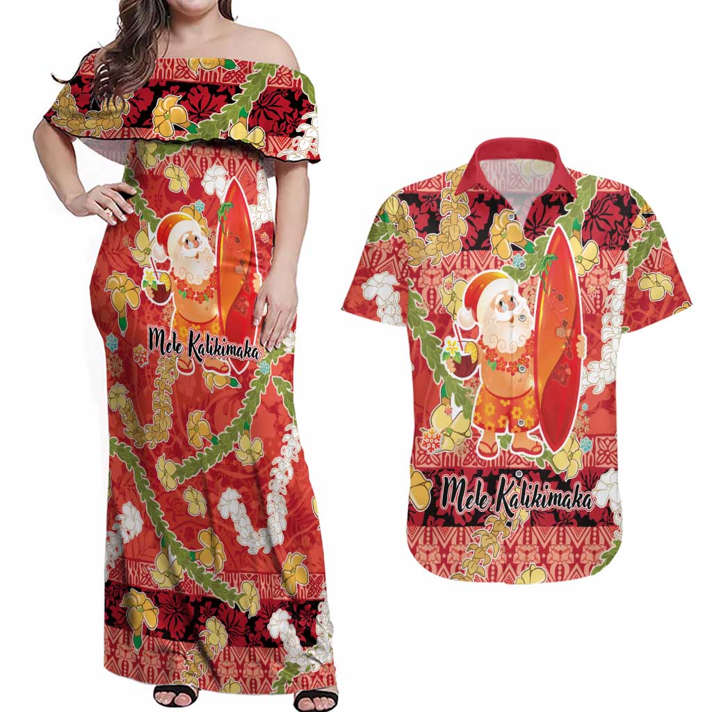 Hawaii Santa Mele Kalikimaka Couples Matching Off Shoulder Maxi Dress and Hawaiian Shirt Tropical Puakenikeni Lei with Polynesian Tribal Pattern - Polynesian Pride