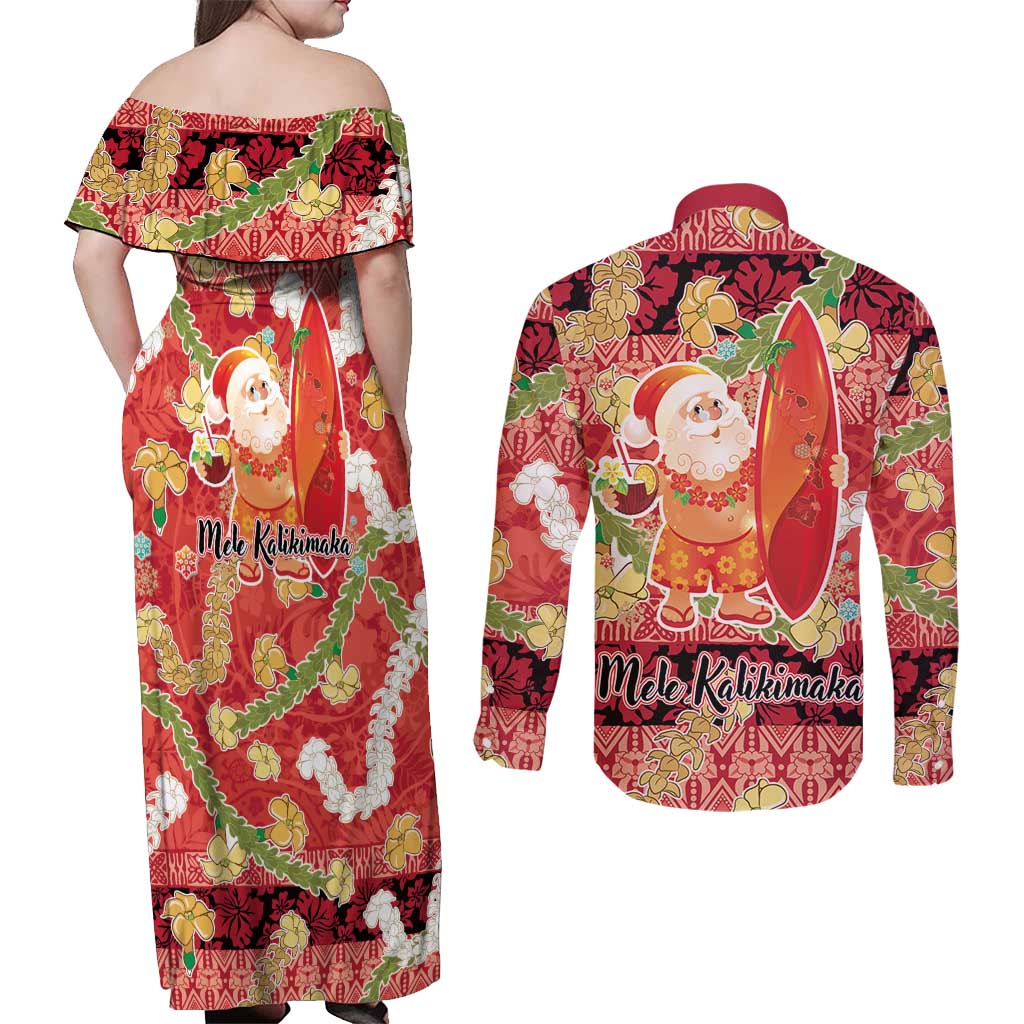 Hawaii Santa Mele Kalikimaka Couples Matching Off Shoulder Maxi Dress and Long Sleeve Button Shirt Tropical Puakenikeni Lei with Polynesian Tribal Pattern LT03 - Polynesian Pride