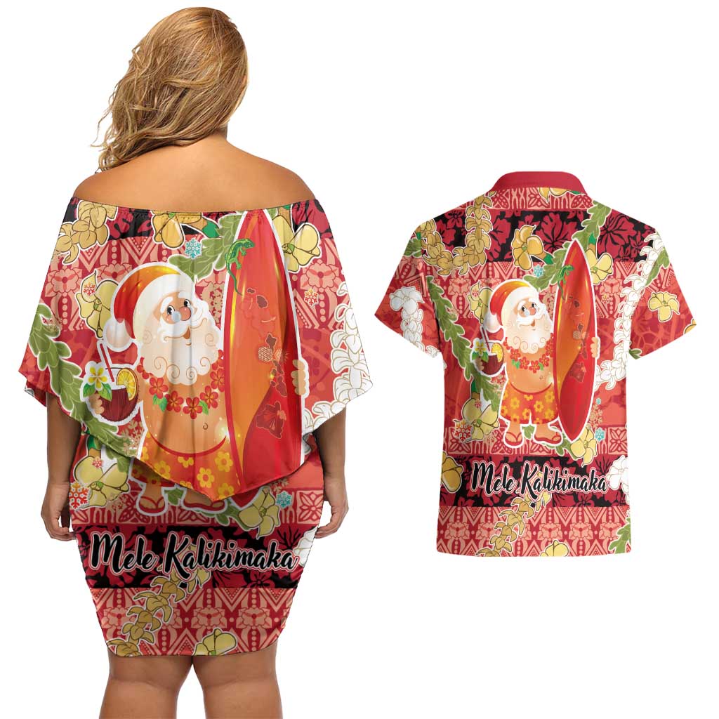 Hawaii Santa Mele Kalikimaka Couples Matching Off Shoulder Short Dress and Hawaiian Shirt Tropical Puakenikeni Lei with Polynesian Tribal Pattern LT03 - Polynesian Pride