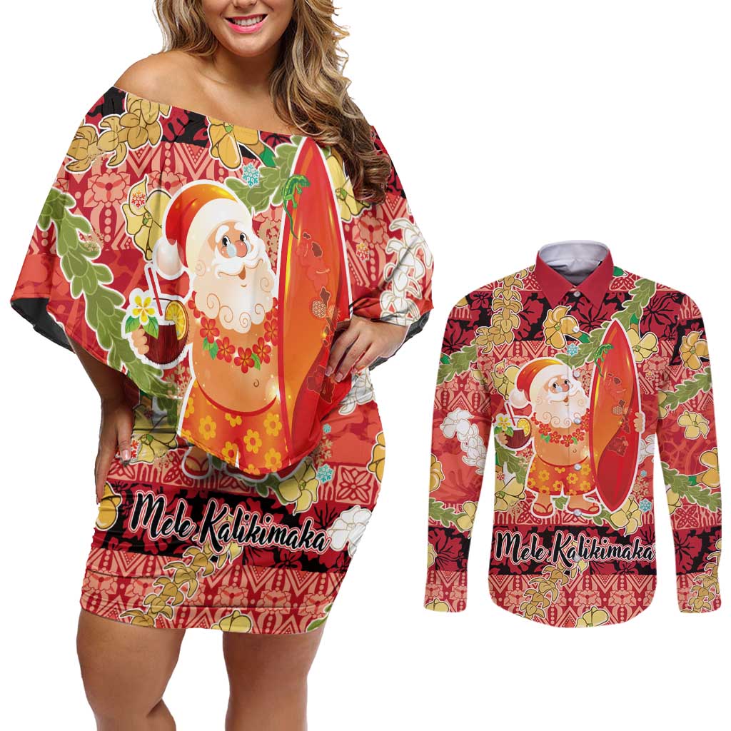 Hawaii Santa Mele Kalikimaka Couples Matching Off Shoulder Short Dress and Long Sleeve Button Shirt Tropical Puakenikeni Lei with Polynesian Tribal Pattern LT03 Red - Polynesian Pride