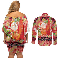 Hawaii Santa Mele Kalikimaka Couples Matching Off Shoulder Short Dress and Long Sleeve Button Shirt Tropical Puakenikeni Lei with Polynesian Tribal Pattern LT03 - Polynesian Pride