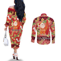 Hawaii Santa Mele Kalikimaka Couples Matching Off The Shoulder Long Sleeve Dress and Long Sleeve Button Shirt Tropical Puakenikeni Lei with Polynesian Tribal Pattern LT03 - Polynesian Pride