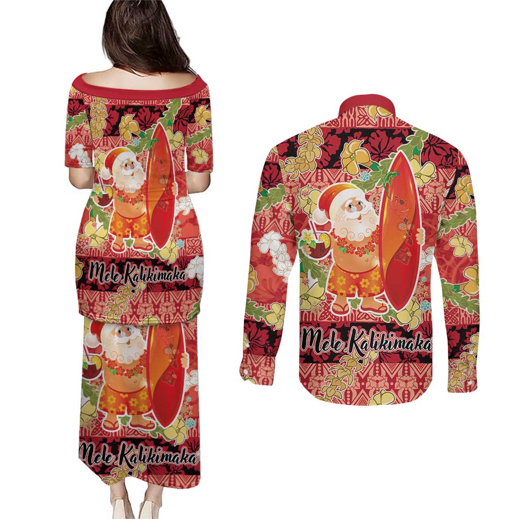 Hawaii Santa Mele Kalikimaka Couples Matching Puletasi and Long Sleeve Button Shirt Tropical Puakenikeni Lei with Polynesian Tribal Pattern LT03 - Polynesian Pride