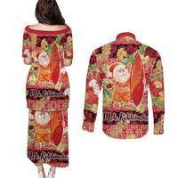 Hawaii Santa Mele Kalikimaka Couples Matching Puletasi and Long Sleeve Button Shirt Tropical Puakenikeni Lei with Polynesian Tribal Pattern LT03 - Polynesian Pride