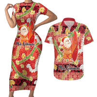 Hawaii Santa Mele Kalikimaka Couples Matching Short Sleeve Bodycon Dress and Hawaiian Shirt Tropical Puakenikeni Lei with Polynesian Tribal Pattern LT03 Red - Polynesian Pride
