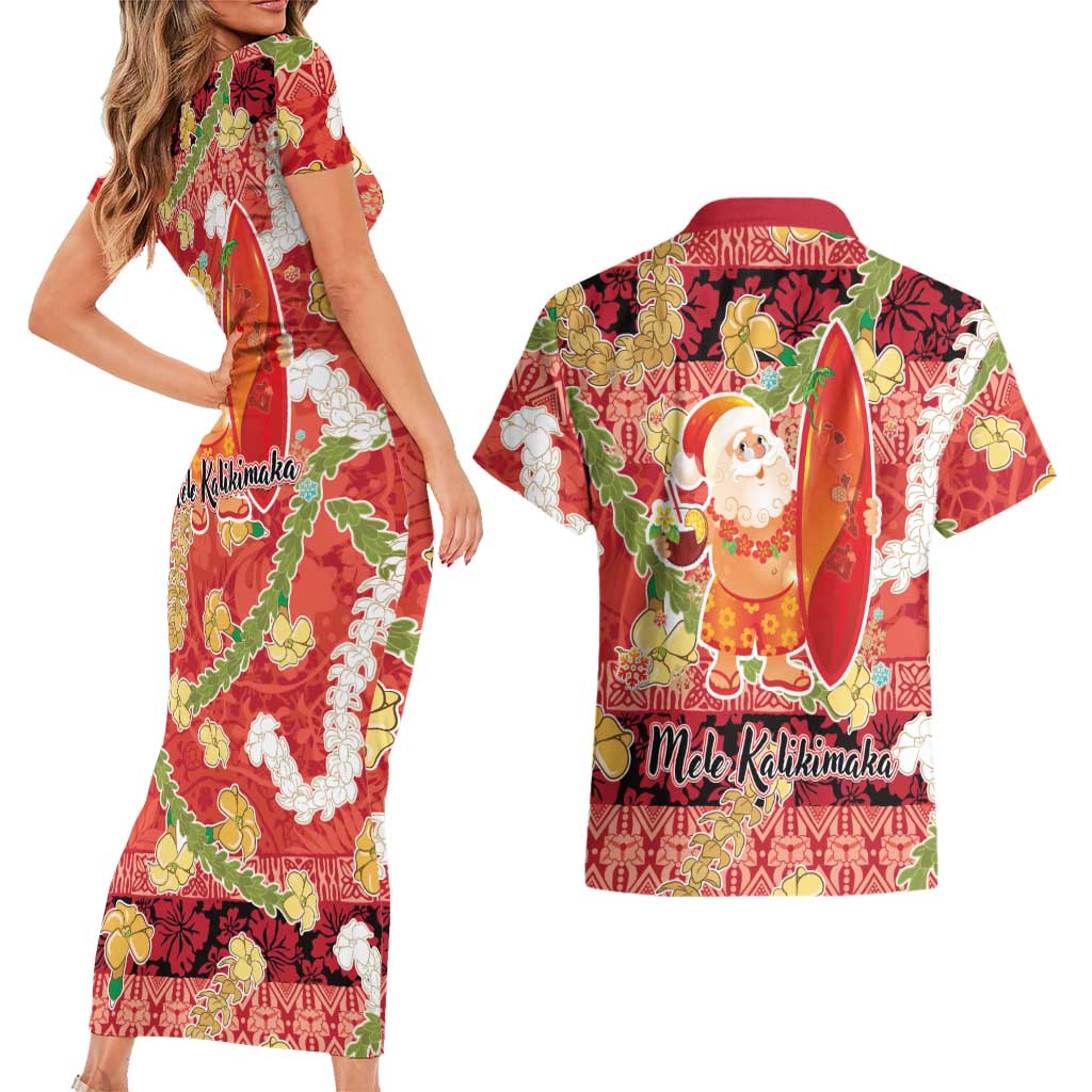 Hawaii Santa Mele Kalikimaka Couples Matching Short Sleeve Bodycon Dress and Hawaiian Shirt Tropical Puakenikeni Lei with Polynesian Tribal Pattern LT03 - Polynesian Pride