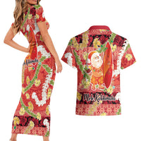 Hawaii Santa Mele Kalikimaka Couples Matching Short Sleeve Bodycon Dress and Hawaiian Shirt Tropical Puakenikeni Lei with Polynesian Tribal Pattern LT03 - Polynesian Pride