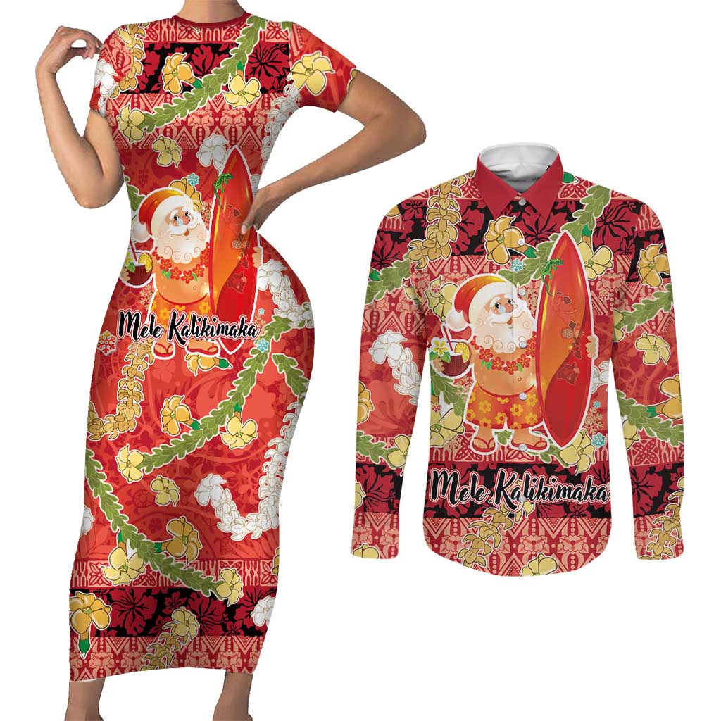 Hawaii Santa Mele Kalikimaka Couples Matching Short Sleeve Bodycon Dress and Long Sleeve Button Shirt Tropical Puakenikeni Lei with Polynesian Tribal Pattern - Polynesian Pride