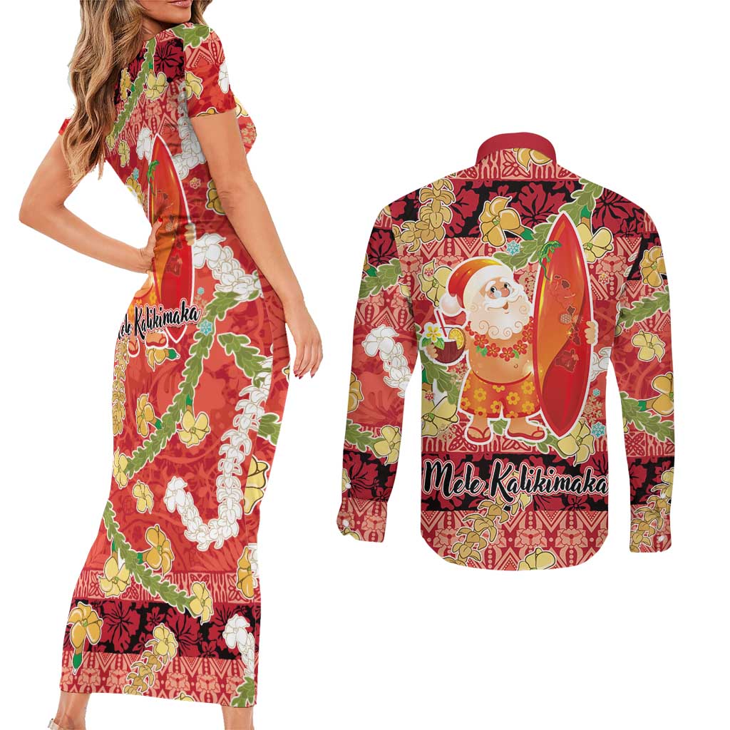 Hawaii Santa Mele Kalikimaka Couples Matching Short Sleeve Bodycon Dress and Long Sleeve Button Shirt Tropical Puakenikeni Lei with Polynesian Tribal Pattern LT03 - Polynesian Pride