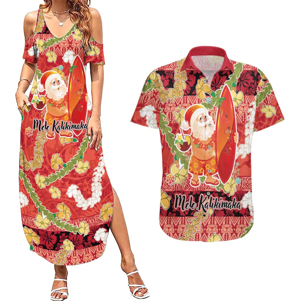 Hawaii Santa Mele Kalikimaka Couples Matching Summer Maxi Dress and Hawaiian Shirt Tropical Puakenikeni Lei with Polynesian Tribal Pattern - Polynesian Pride