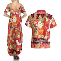 Hawaii Santa Mele Kalikimaka Couples Matching Summer Maxi Dress and Hawaiian Shirt Tropical Puakenikeni Lei with Polynesian Tribal Pattern LT03 - Polynesian Pride