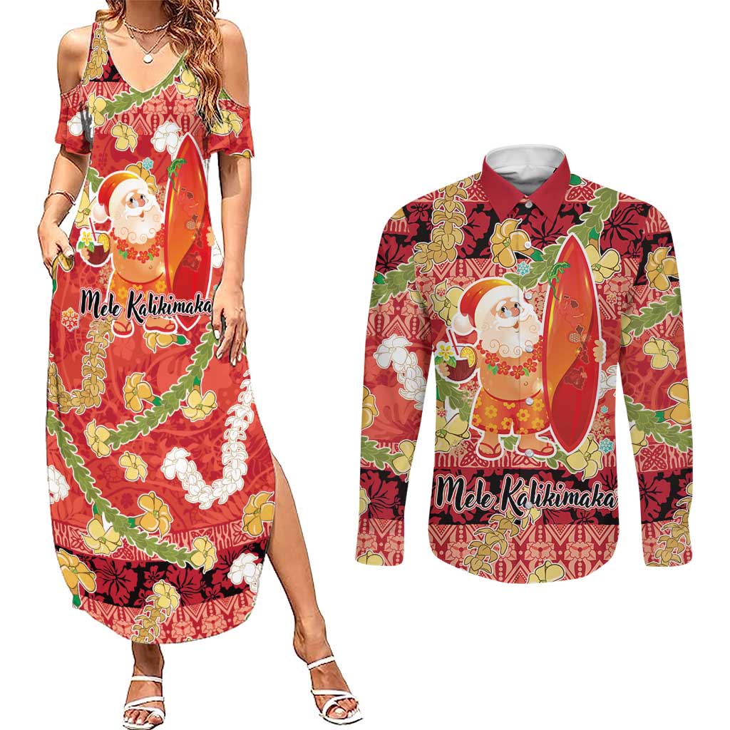 Hawaii Santa Mele Kalikimaka Couples Matching Summer Maxi Dress and Long Sleeve Button Shirt Tropical Puakenikeni Lei with Polynesian Tribal Pattern - Polynesian Pride