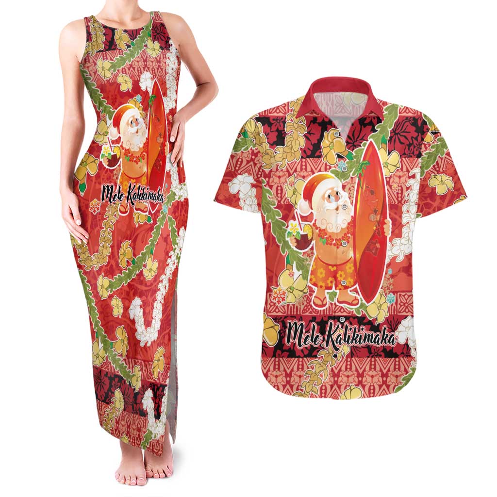 Hawaii Santa Mele Kalikimaka Couples Matching Tank Maxi Dress and Hawaiian Shirt Tropical Puakenikeni Lei with Polynesian Tribal Pattern LT03 Red - Polynesian Pride