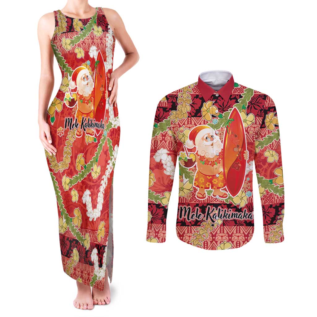 Hawaii Santa Mele Kalikimaka Couples Matching Tank Maxi Dress and Long Sleeve Button Shirt Tropical Puakenikeni Lei with Polynesian Tribal Pattern LT03 Red - Polynesian Pride