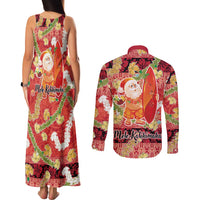 Hawaii Santa Mele Kalikimaka Couples Matching Tank Maxi Dress and Long Sleeve Button Shirt Tropical Puakenikeni Lei with Polynesian Tribal Pattern LT03 - Polynesian Pride