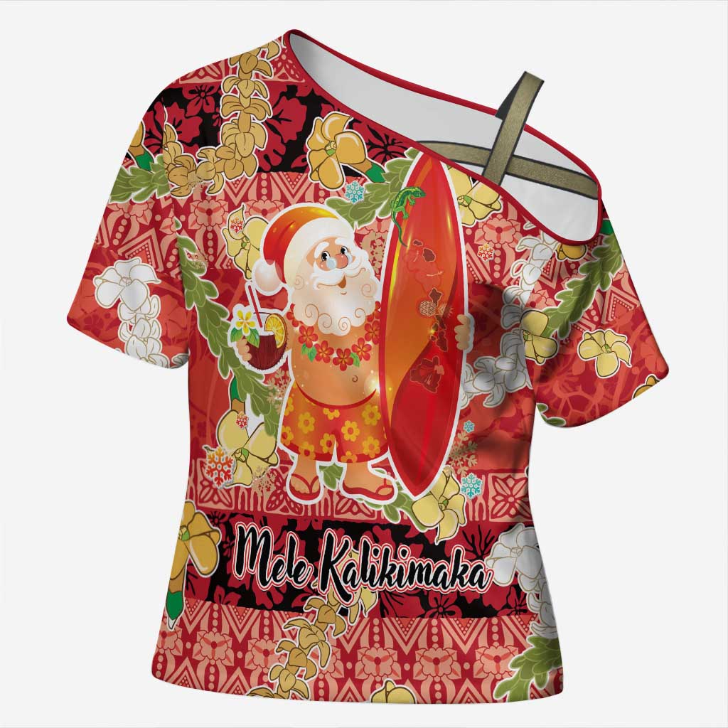Hawaii Santa Mele Kalikimaka Cross Shoulder Shirt Tropical Puakenikeni Lei with Polynesian Tribal Pattern LT03 Female Red - Polynesian Pride