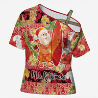 Hawaii Santa Mele Kalikimaka Cross Shoulder Shirt Tropical Puakenikeni Lei with Polynesian Tribal Pattern LT03 Female Red - Polynesian Pride