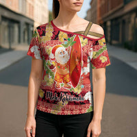Hawaii Santa Mele Kalikimaka Cross Shoulder Shirt Tropical Puakenikeni Lei with Polynesian Tribal Pattern LT03 - Polynesian Pride