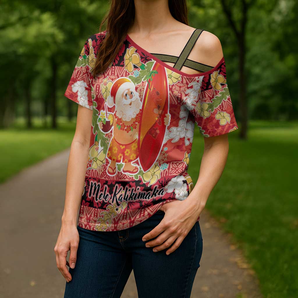 Hawaii Santa Mele Kalikimaka Cross Shoulder Shirt Tropical Puakenikeni Lei with Polynesian Tribal Pattern LT03 - Polynesian Pride