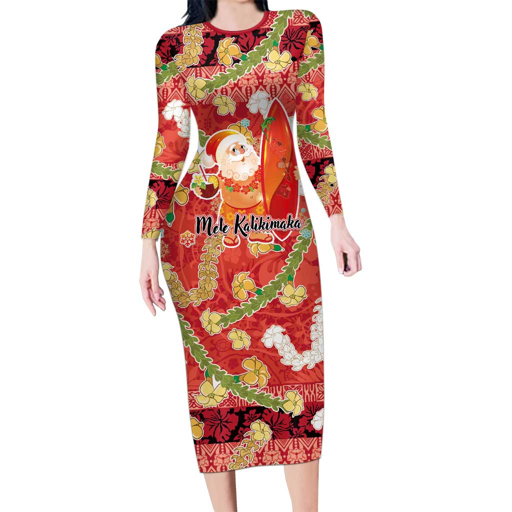 Hawaii Santa Mele Kalikimaka Family Matching Long Sleeve Bodycon Dress and Hawaiian Shirt Tropical Puakenikeni Lei with Polynesian Tribal Pattern LT03 Red - Polynesian Pride