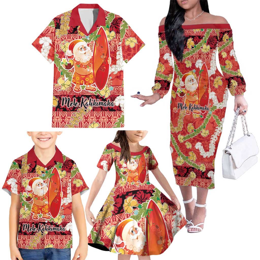 Hawaii Santa Mele Kalikimaka Family Matching Off The Shoulder Long Sleeve Dress and Hawaiian Shirt Tropical Puakenikeni Lei with Polynesian Tribal Pattern - Polynesian Pride