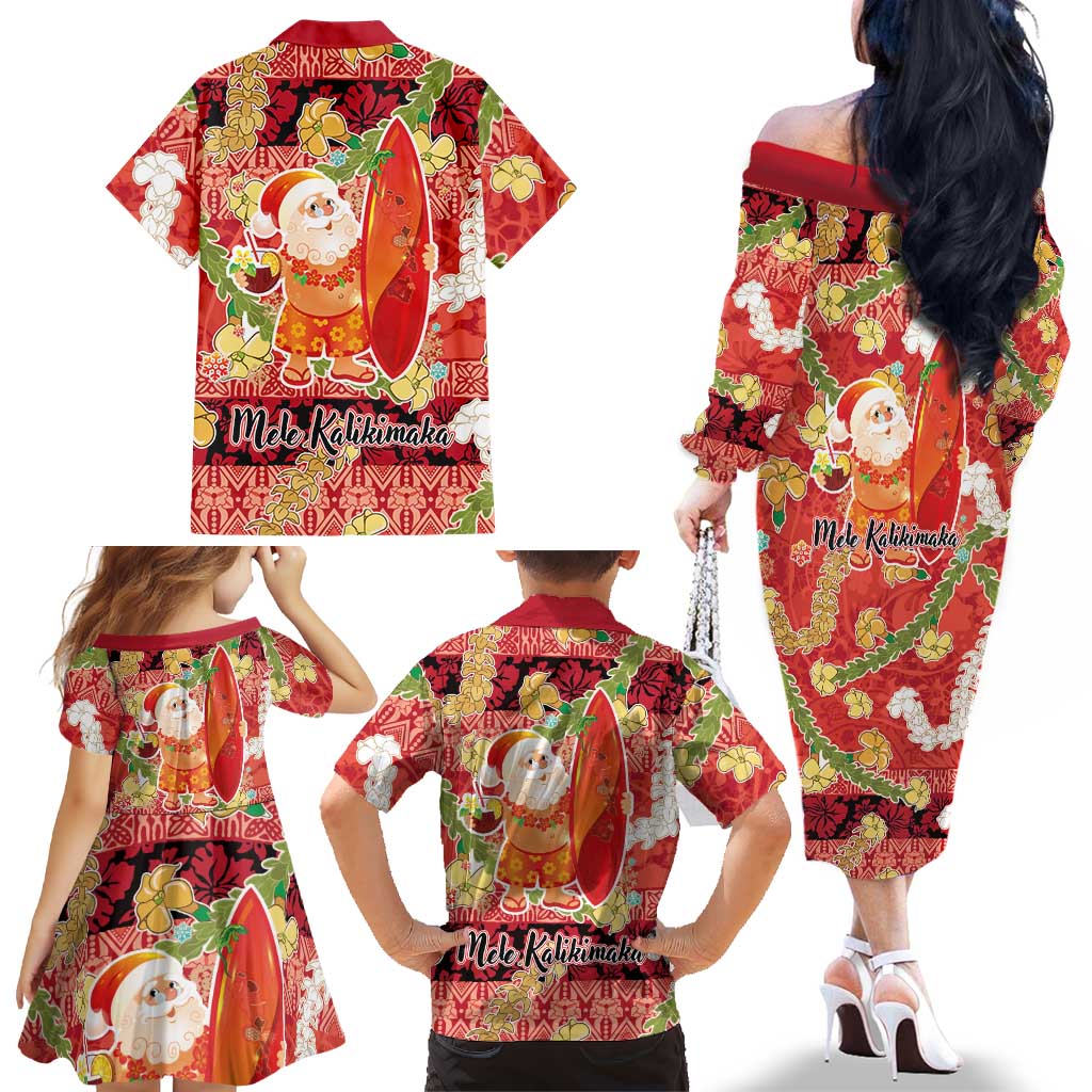 Hawaii Santa Mele Kalikimaka Family Matching Off The Shoulder Long Sleeve Dress and Hawaiian Shirt Tropical Puakenikeni Lei with Polynesian Tribal Pattern LT03 - Polynesian Pride