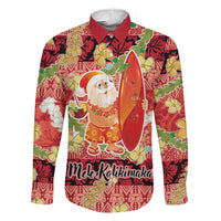 Hawaii Santa Mele Kalikimaka Family Matching Off Shoulder Maxi Dress and Hawaiian Shirt Tropical Puakenikeni Lei with Polynesian Tribal Pattern LT03 Dad's Shirt - Long Sleeve Red - Polynesian Pride