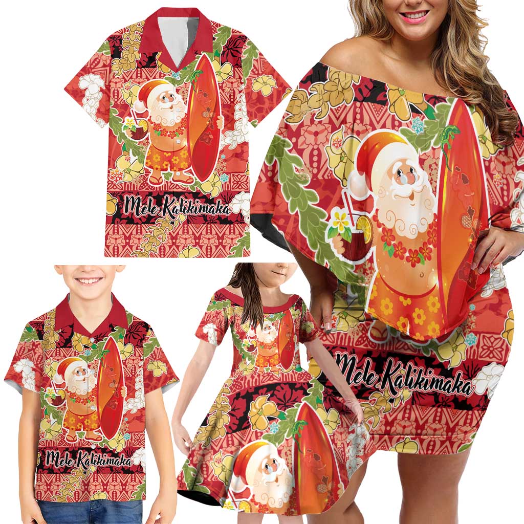 Hawaii Santa Mele Kalikimaka Family Matching Off Shoulder Short Dress and Hawaiian Shirt Tropical Puakenikeni Lei with Polynesian Tribal Pattern - Polynesian Pride
