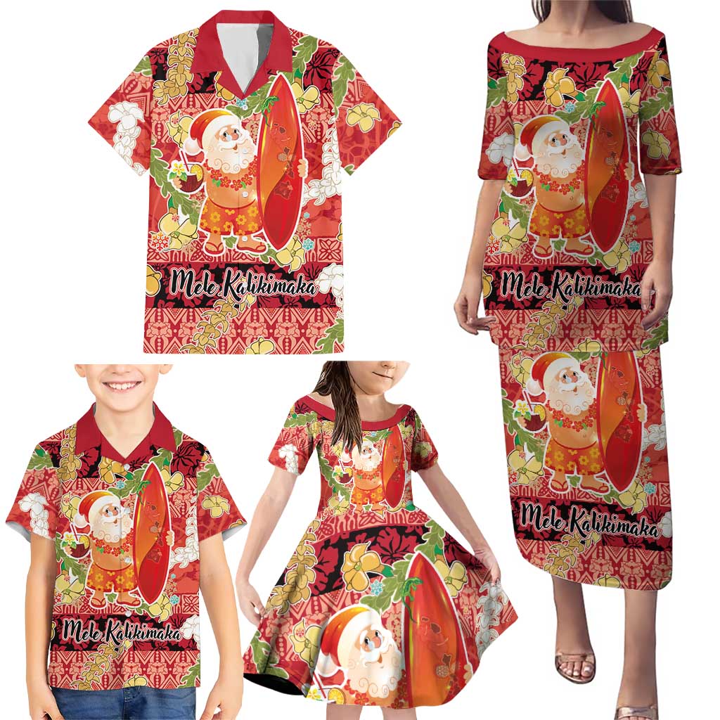 Hawaii Santa Mele Kalikimaka Family Matching Puletasi and Hawaiian Shirt Tropical Puakenikeni Lei with Polynesian Tribal Pattern - Polynesian Pride