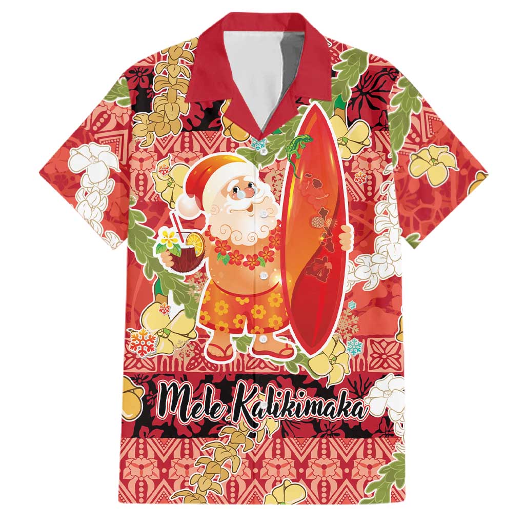Hawaii Santa Mele Kalikimaka Family Matching Puletasi and Hawaiian Shirt Tropical Puakenikeni Lei with Polynesian Tribal Pattern LT03 Dad's Shirt - Short Sleeve Red - Polynesian Pride