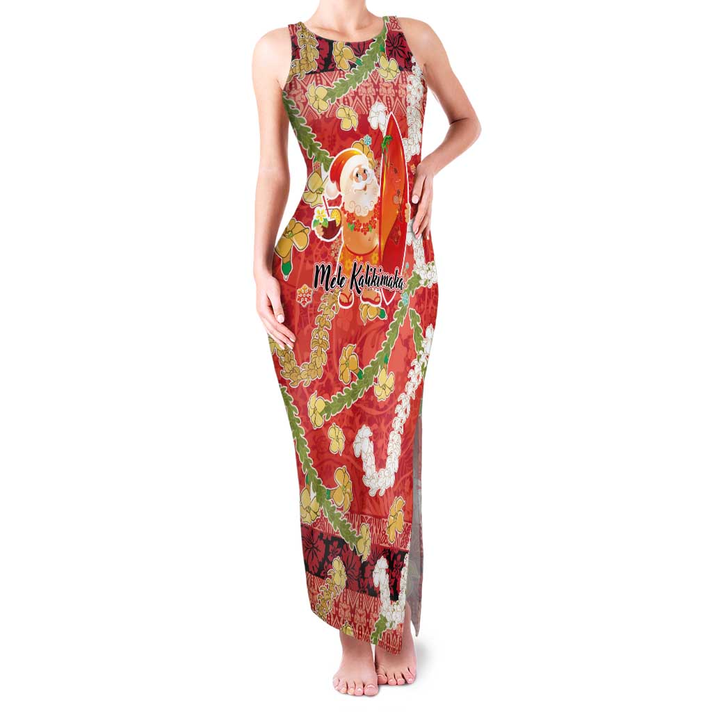 Hawaii Santa Mele Kalikimaka Family Matching Tank Maxi Dress and Hawaiian Shirt Tropical Puakenikeni Lei with Polynesian Tribal Pattern LT03 Red - Polynesian Pride