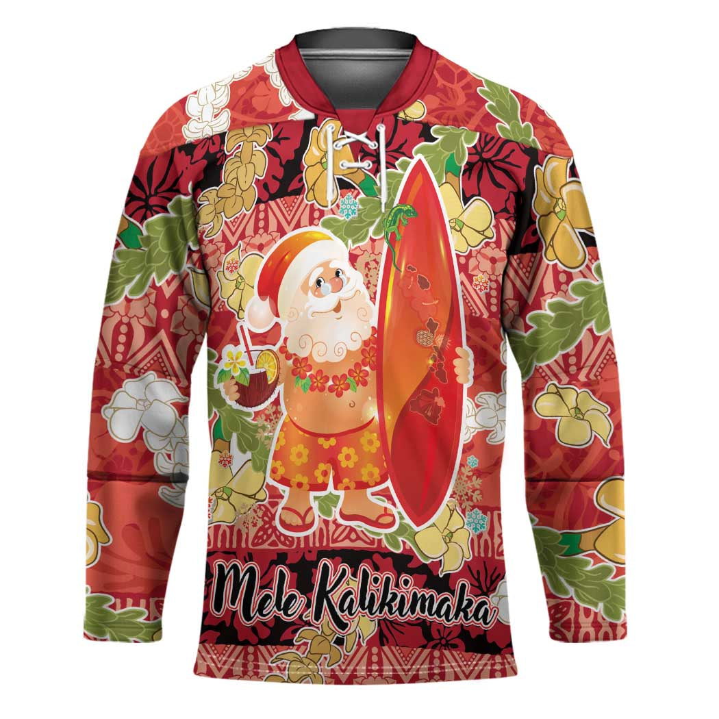 Hawaii Santa Mele Kalikimaka Hockey Jersey Tropical Puakenikeni Lei with Polynesian Tribal Pattern LT03 Unisex Red - Polynesian Pride