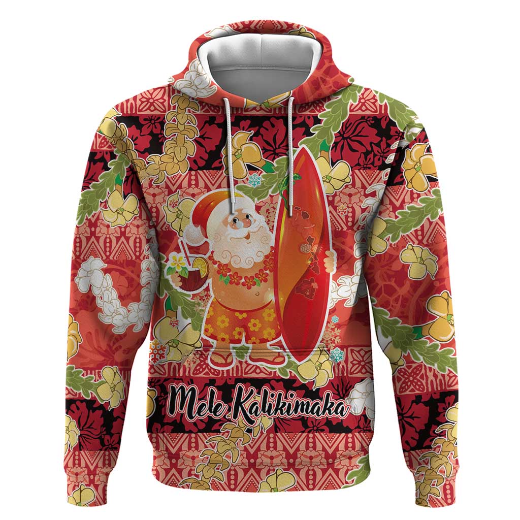 Hawaii Santa Mele Kalikimaka Hoodie Tropical Puakenikeni Lei with Polynesian Tribal Pattern LT03 Pullover Hoodie Red - Polynesian Pride