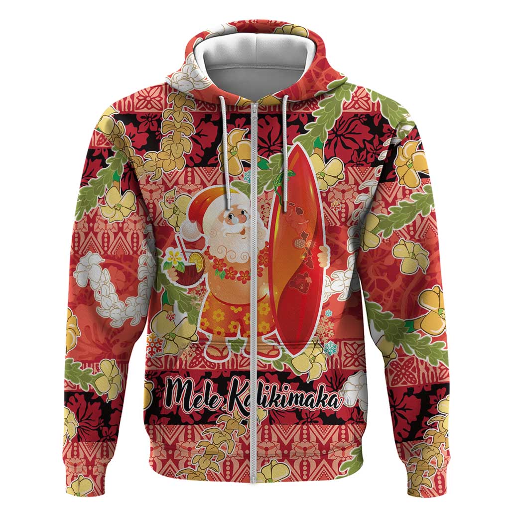 Hawaii Santa Mele Kalikimaka Hoodie Tropical Puakenikeni Lei with Polynesian Tribal Pattern LT03 Zip Hoodie Red - Polynesian Pride