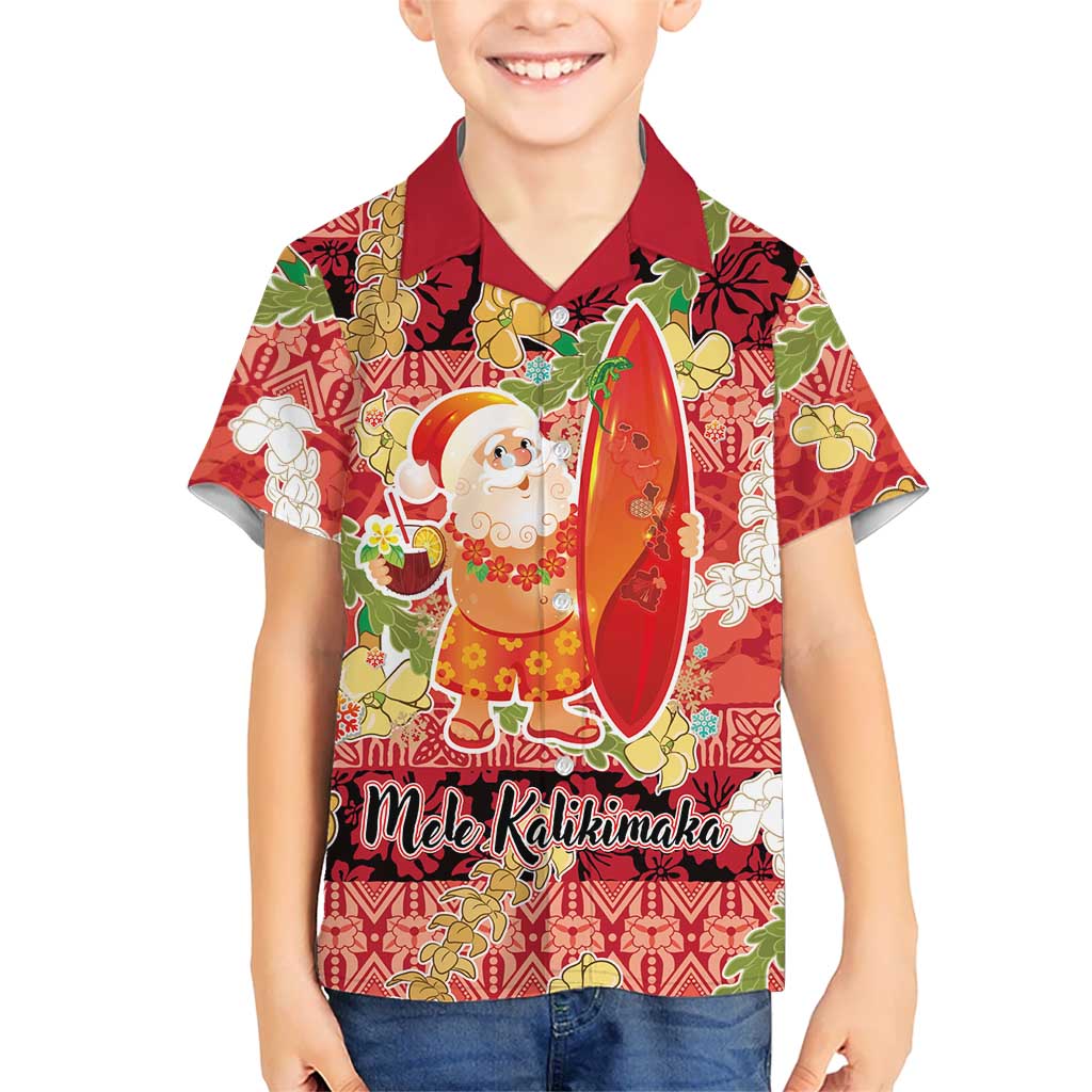 Hawaii Santa Mele Kalikimaka Kid Hawaiian Shirt Tropical Puakenikeni Lei with Polynesian Tribal Pattern LT03 Kid Red - Polynesian Pride