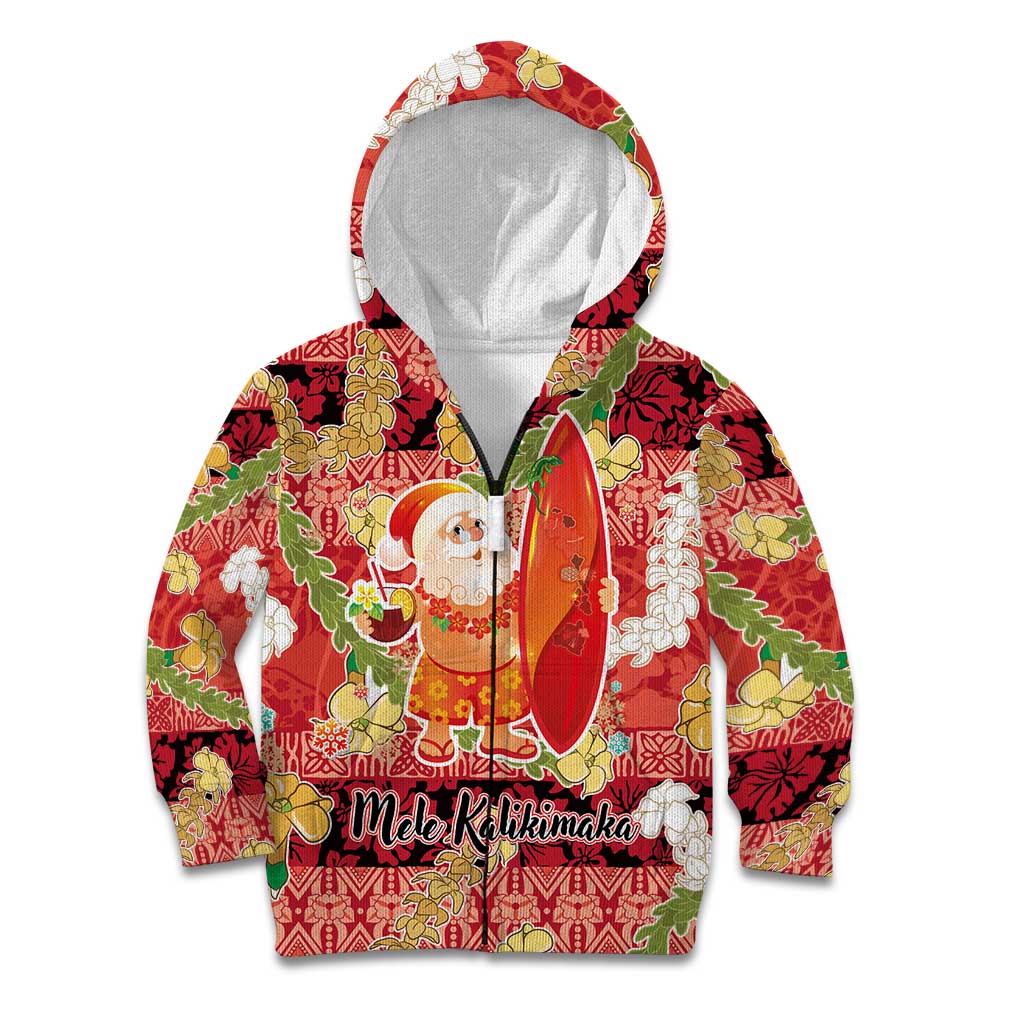 Hawaii Santa Mele Kalikimaka Kid Hoodie Tropical Puakenikeni Lei with Polynesian Tribal Pattern LT03 Zip Hoodie Red - Polynesian Pride