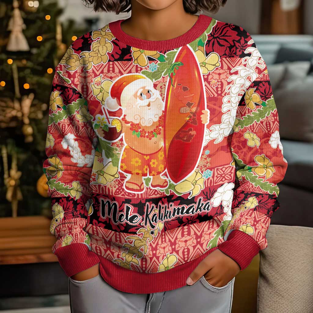 Hawaii Santa Mele Kalikimaka Kid Ugly Christmas Sweater Tropical Puakenikeni Lei with Polynesian Tribal Pattern LT03 - Polynesian Pride