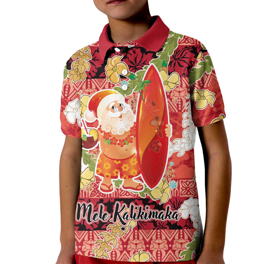 Hawaii Santa Mele Kalikimaka Kid Polo Shirt Tropical Puakenikeni Lei with Polynesian Tribal Pattern LT03 Kid Red - Polynesian Pride