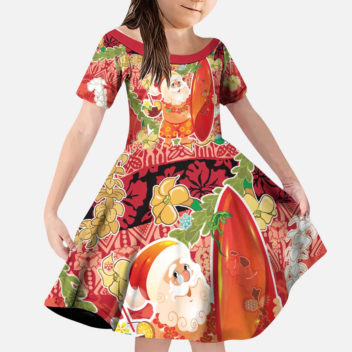 Hawaii Santa Mele Kalikimaka Kid Short Sleeve Dress Tropical Puakenikeni Lei with Polynesian Tribal Pattern LT03 KID Red - Polynesian Pride