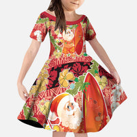 Hawaii Santa Mele Kalikimaka Kid Short Sleeve Dress Tropical Puakenikeni Lei with Polynesian Tribal Pattern LT03 KID Red - Polynesian Pride