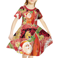 Hawaii Santa Mele Kalikimaka Kid Short Sleeve Dress Tropical Puakenikeni Lei with Polynesian Tribal Pattern LT03 - Polynesian Pride